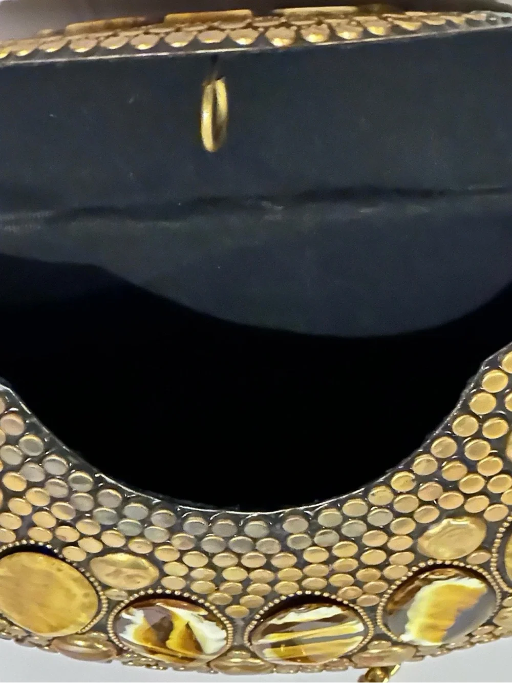 Vintage Brass Mosaic Clutch Boho Hard Case Evening Bag Stones Crossbody